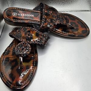 Versona Tortoise Shell Leopard-Pattern Patent Slide Sandals 8.5 NWT